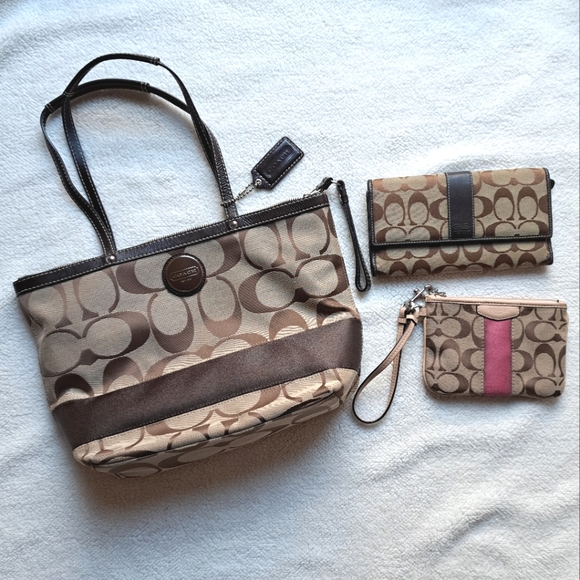 Coach signature canvas bundle 3pc purse wallet and wristlet brown tan leather EC - Picture 1 of 16